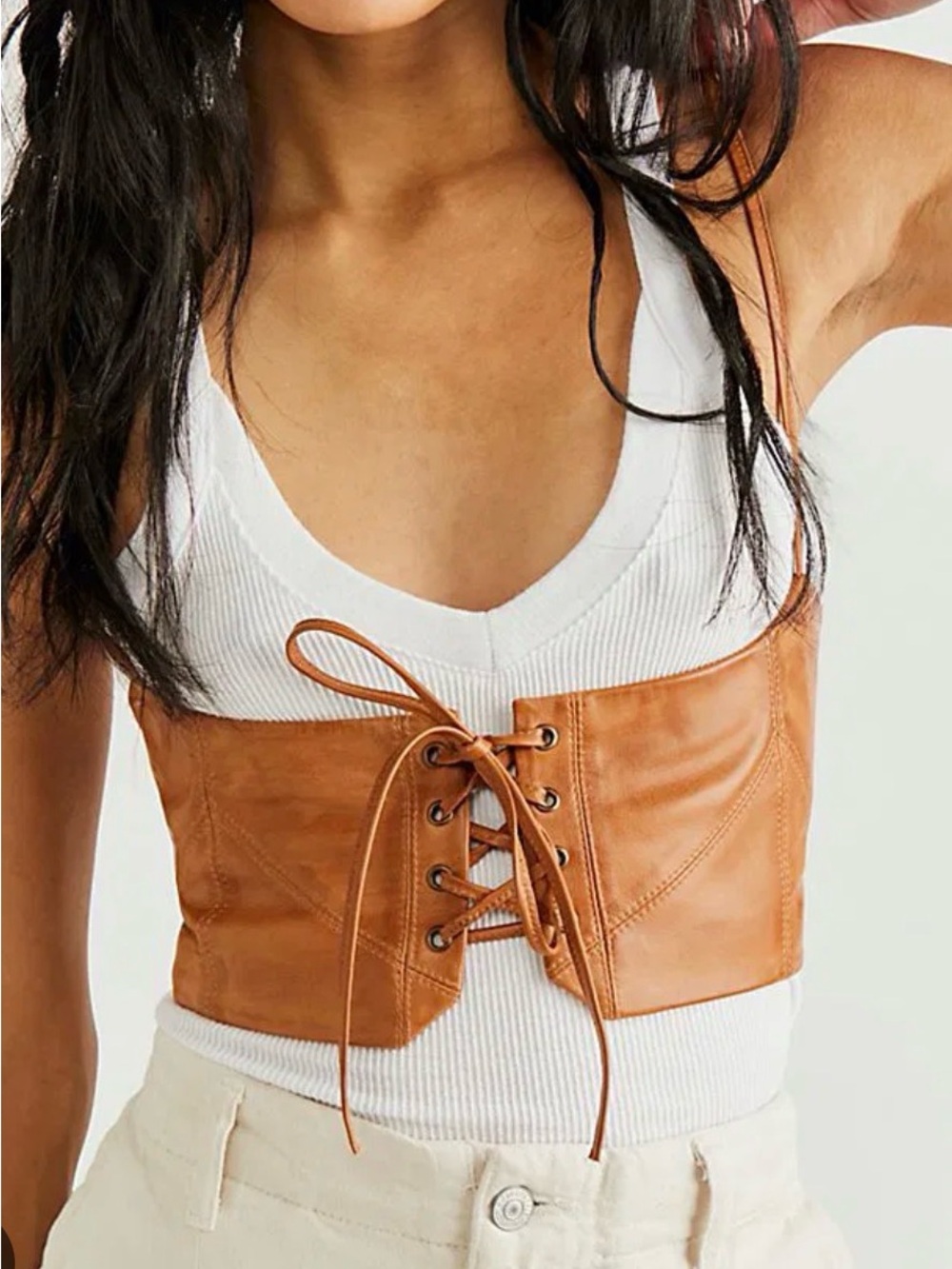 Free People x Hastings Tan Leather Corset Belt